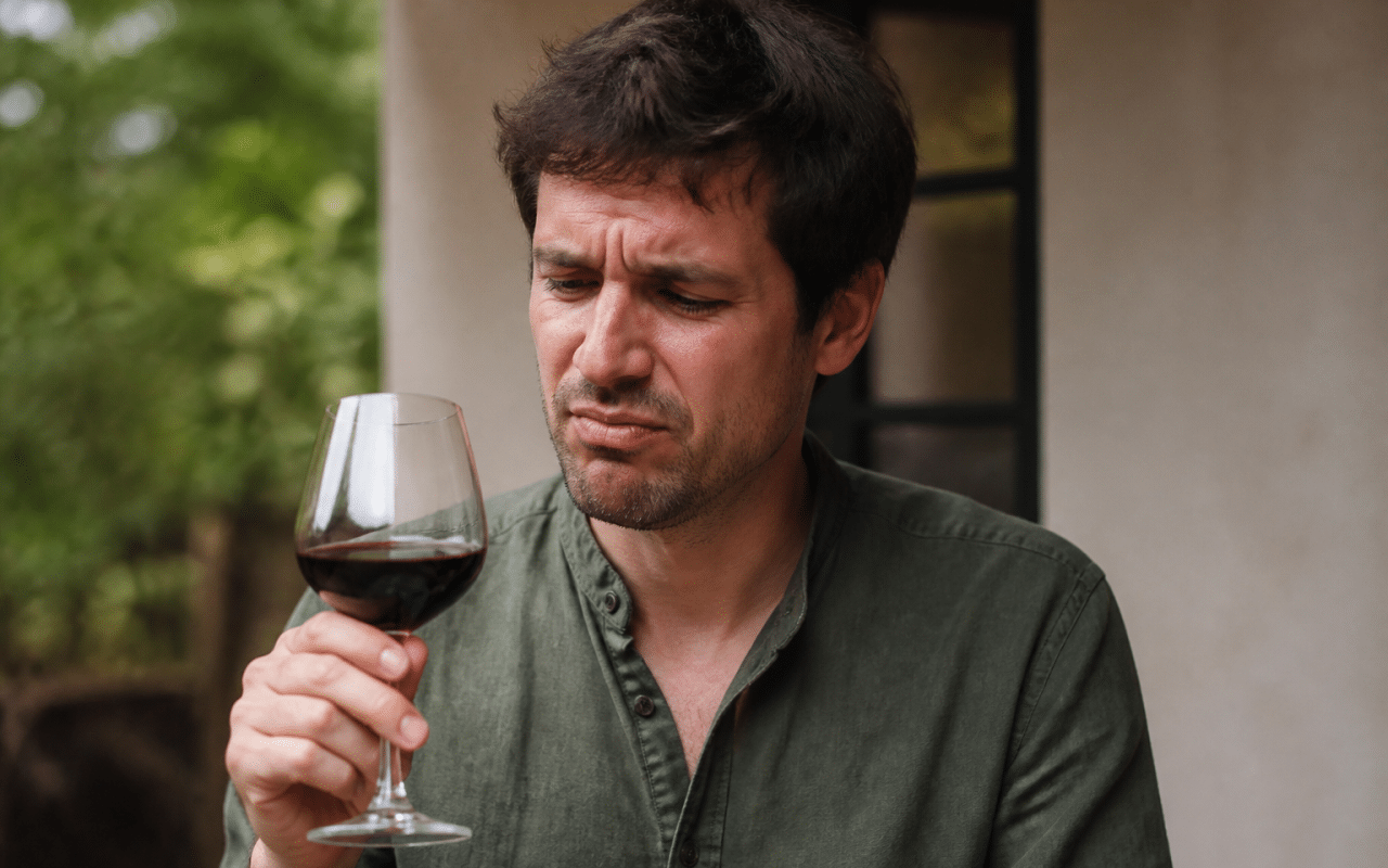 Homme tenant verre de vin rouge avec expression de malaise facial