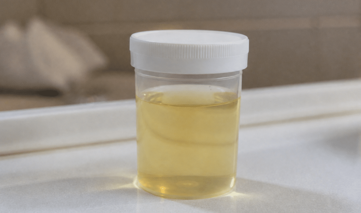 Flacon medical transparent contenant echantillon urine jaune pale
