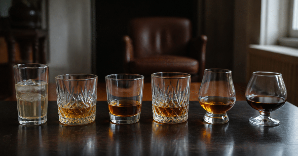 Six verres remplis d'alcool alignes sur table sombre