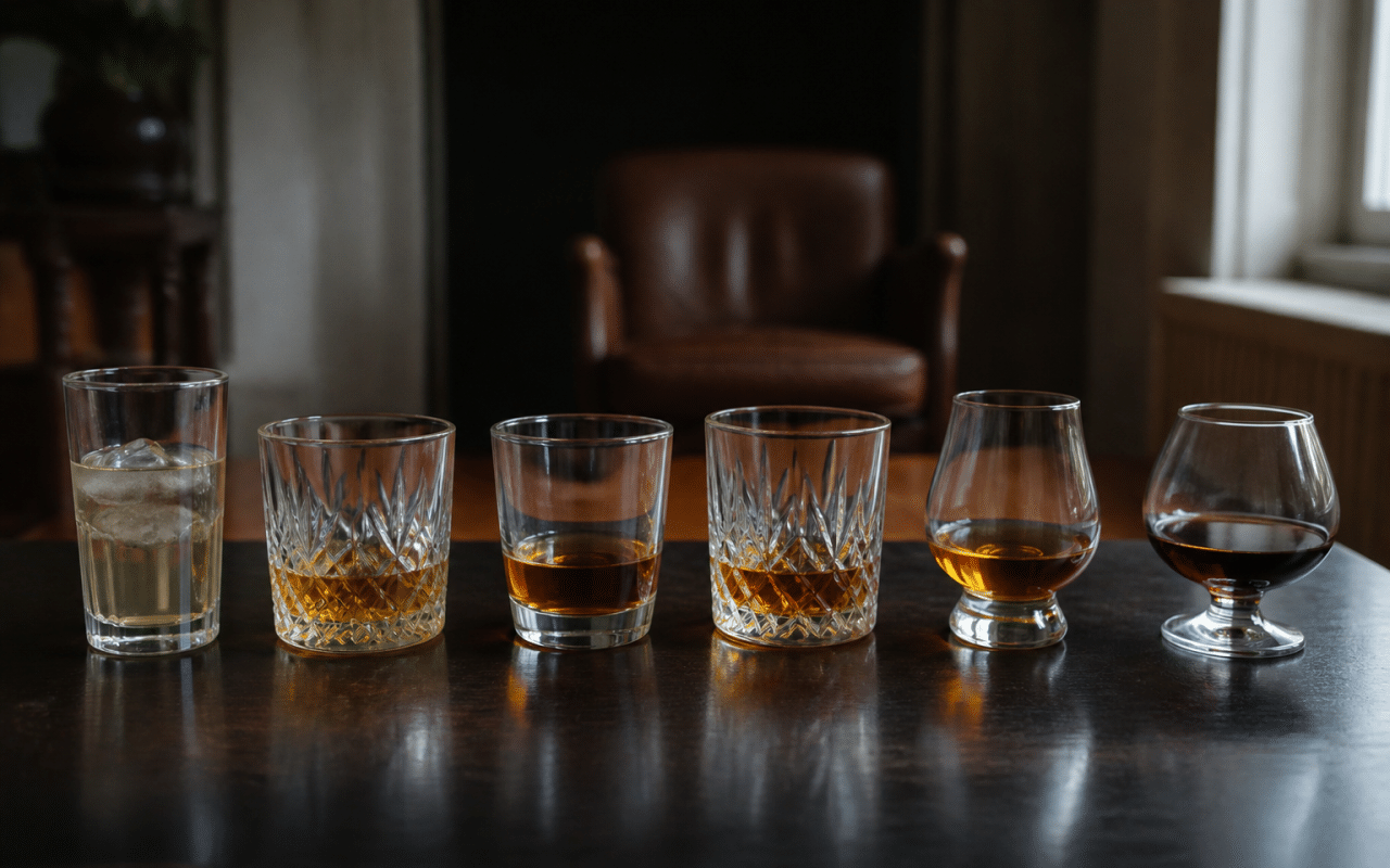 Six verres remplis d'alcool alignes sur table sombre
