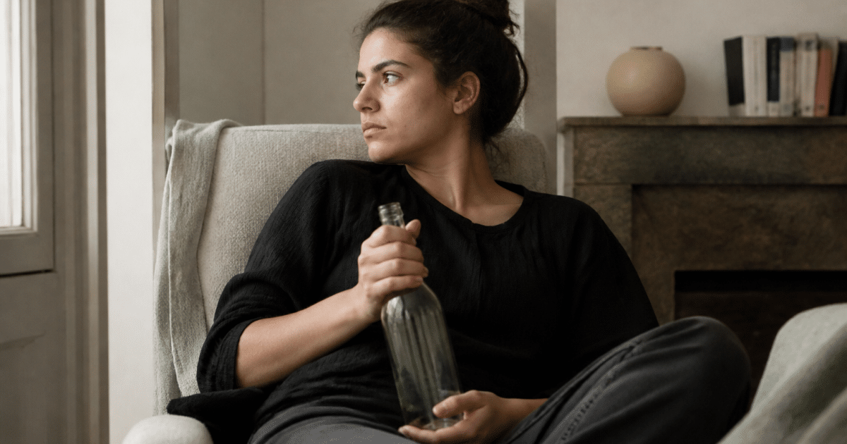 Femme assise tenant une bouteille de vin vide