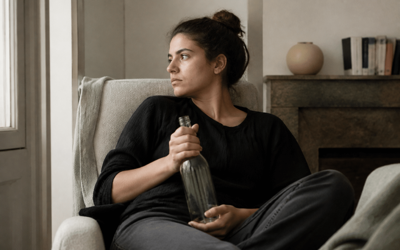 Femme assise tenant une bouteille de vin vide