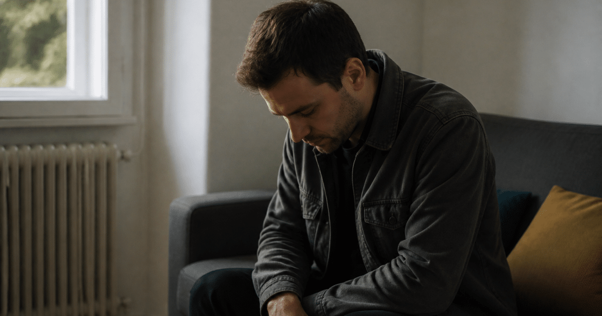 Homme assis seul, tête baissée, regardant vers le bas pensivement.
