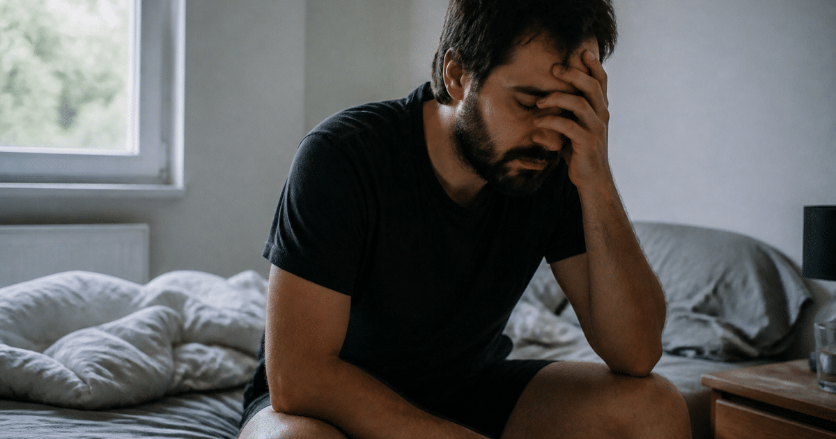 Homme epuise assis seul sur lit defait