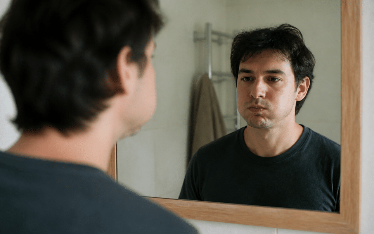 Homme debout face miroir montrant visage gonflé puis affine progressivement