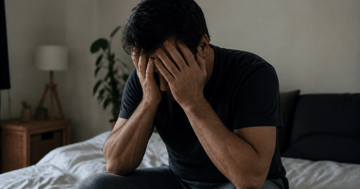 Homme tremblant assis sur lit, mains sur visage