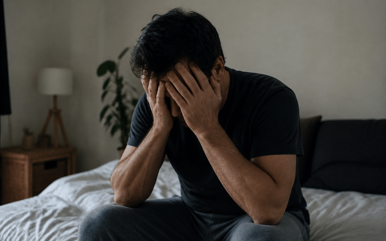 Homme tremblant assis sur lit, mains sur visage
