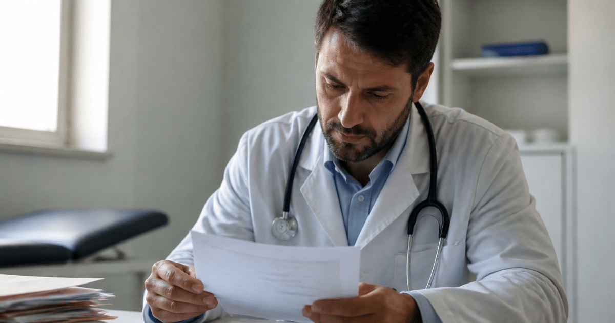 Medecin verifier resultats sanguins sur documents administratifs