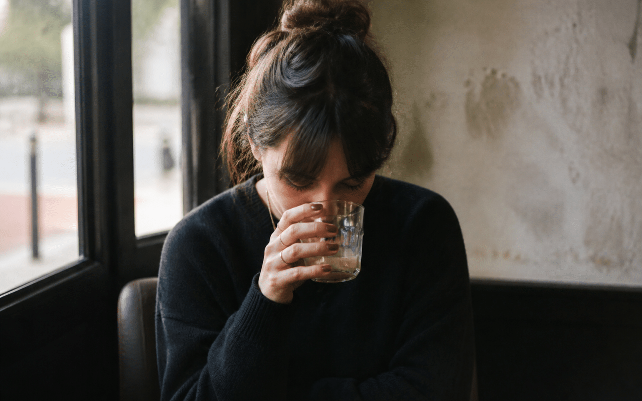 Personne assise, tête baissée, verre à la main près.