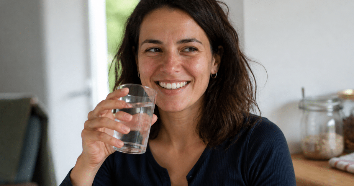 Personne souriant tenant un verre d'eau fraîche