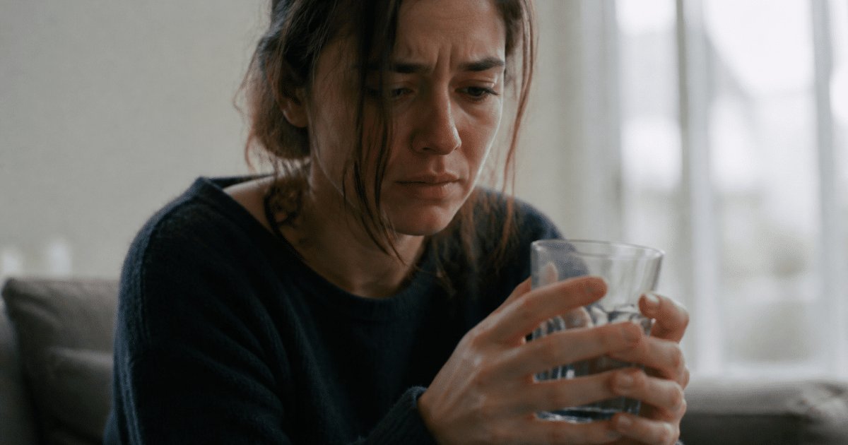 Personne tremblante tenant un verre vide avec anxiete