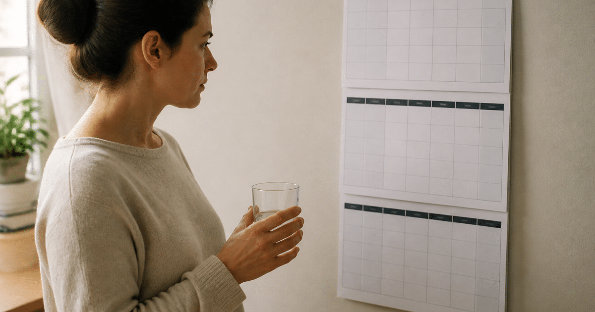 Personne tenant verre vide, calendrier affichant trois mois complets