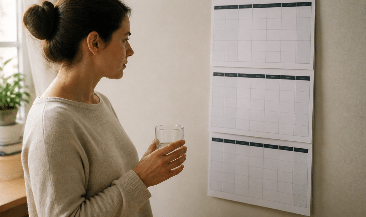 Personne tenant verre vide, calendrier affichant trois mois complets
