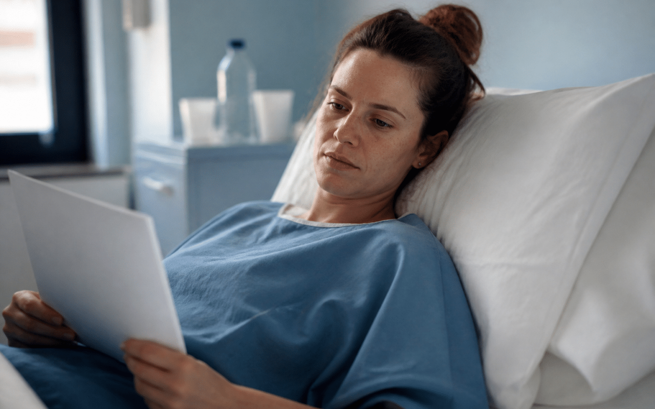 Patient allonge sur lit medical tenant resultats analyses sanguines