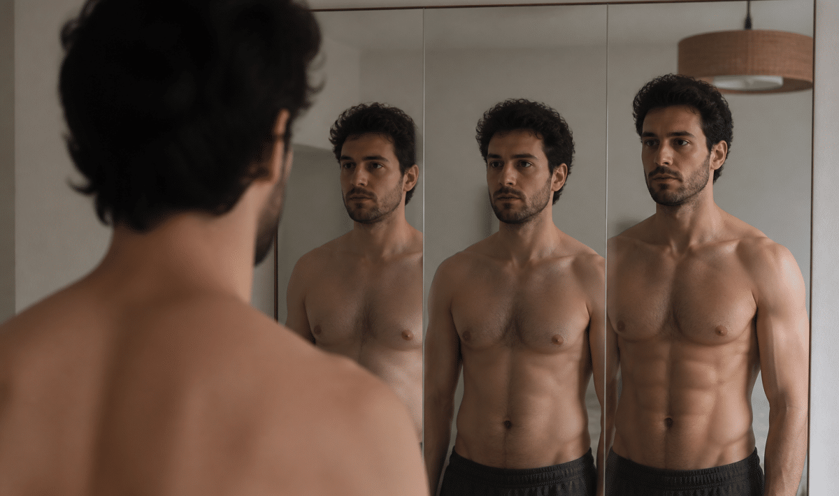 Homme debout face miroir montrant transformation physique progressive