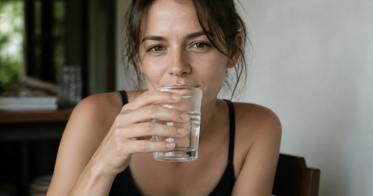 Personne tenant verre d'eau claire devant elle