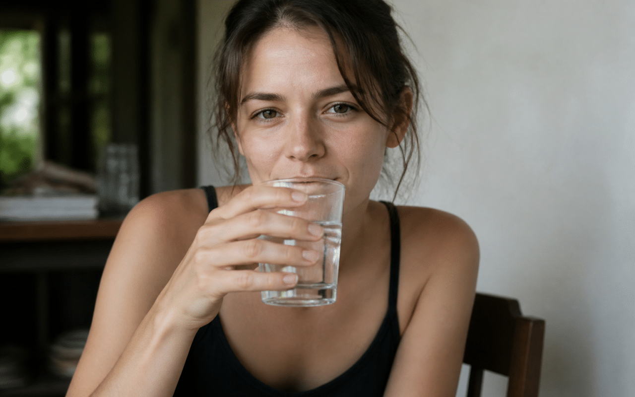 Personne tenant verre d'eau claire devant elle