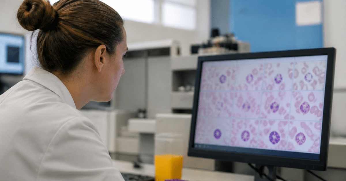 Technician examining blood test results on laboratory screen