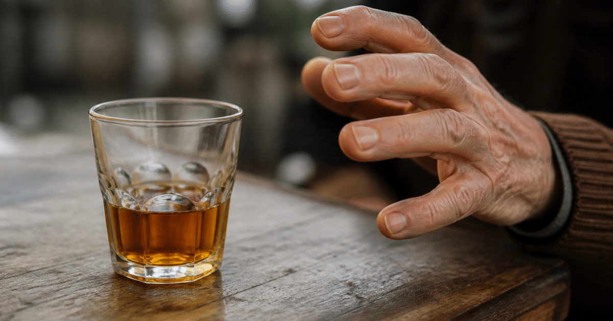 Verre rempli de liqueur ambree pres d'une main tremblante
