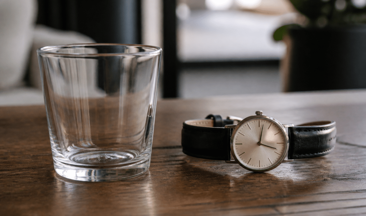 Verre vide posé à cote d'une montre analogique